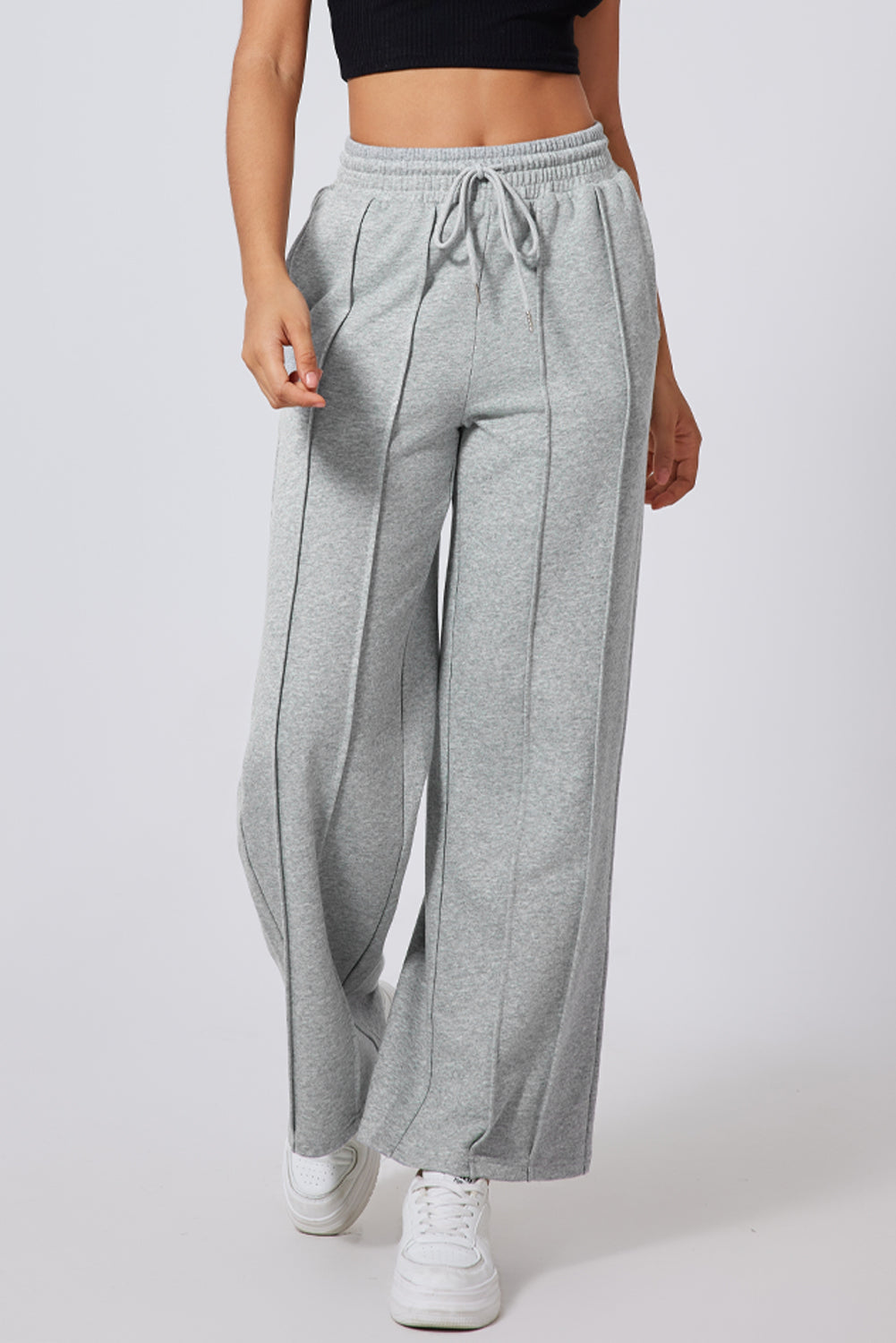 Black Seamed Drawstring High Waist Wide Leg Sweatpants