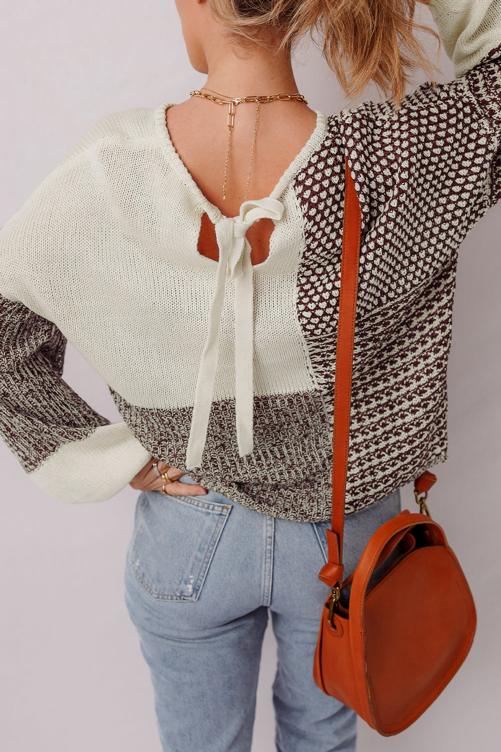 Dark Khaki Color Block Back Tie Drop Shoulder Loose Sweater
