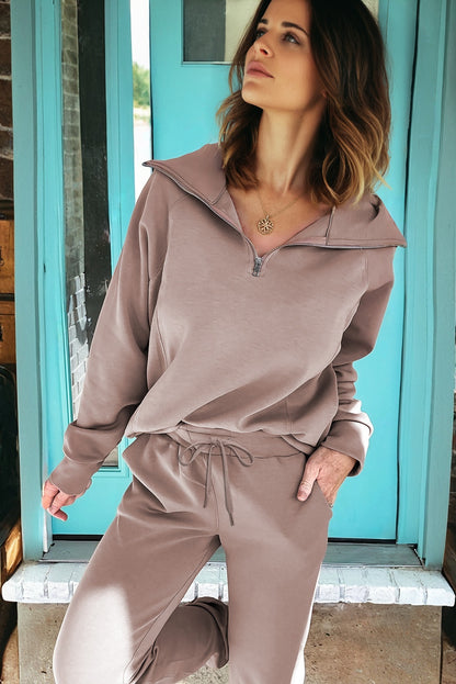 Black Zip Collar Long Sleeve Top Drawstring Pants Set