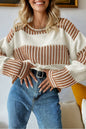 Brown Two Tone Striped Patchwork Drop Shoulder Loose Sweater