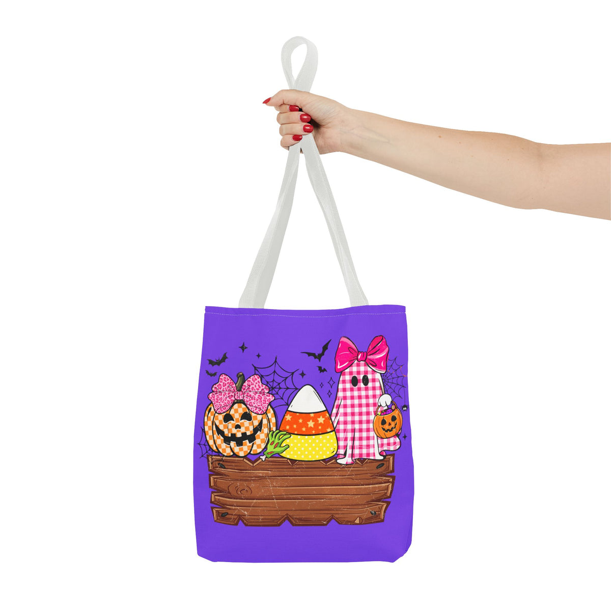 Halloween Candy Tote Bag — Cute Pumpkin, Candy Corn & Ghost Design on Purple