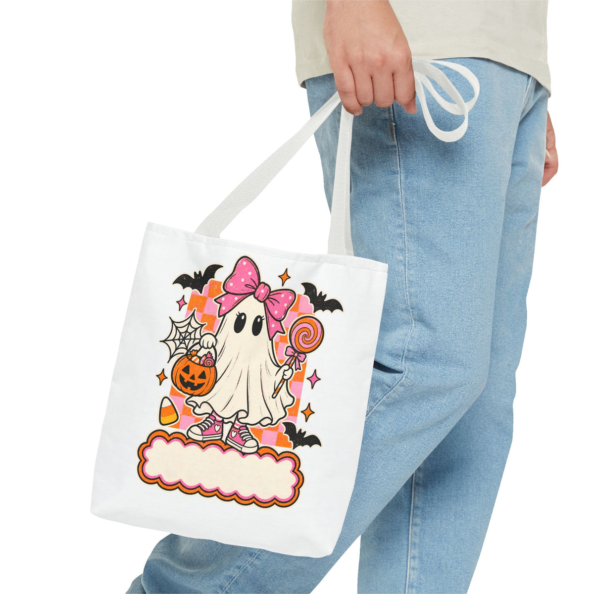 Cute Halloween Ghost Tote Bag — Pink Bow Trick-or-Treat Candy Design