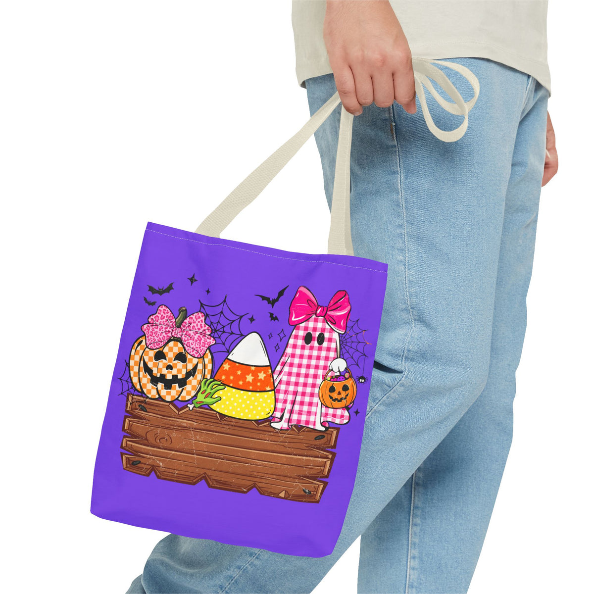 Halloween Candy Tote Bag — Cute Pumpkin, Candy Corn & Ghost Design on Purple