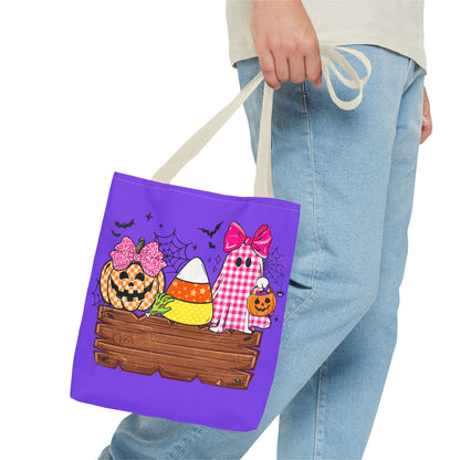 Halloween Candy Tote Bag — Cute Pumpkin, Candy Corn & Ghost Design on Purple