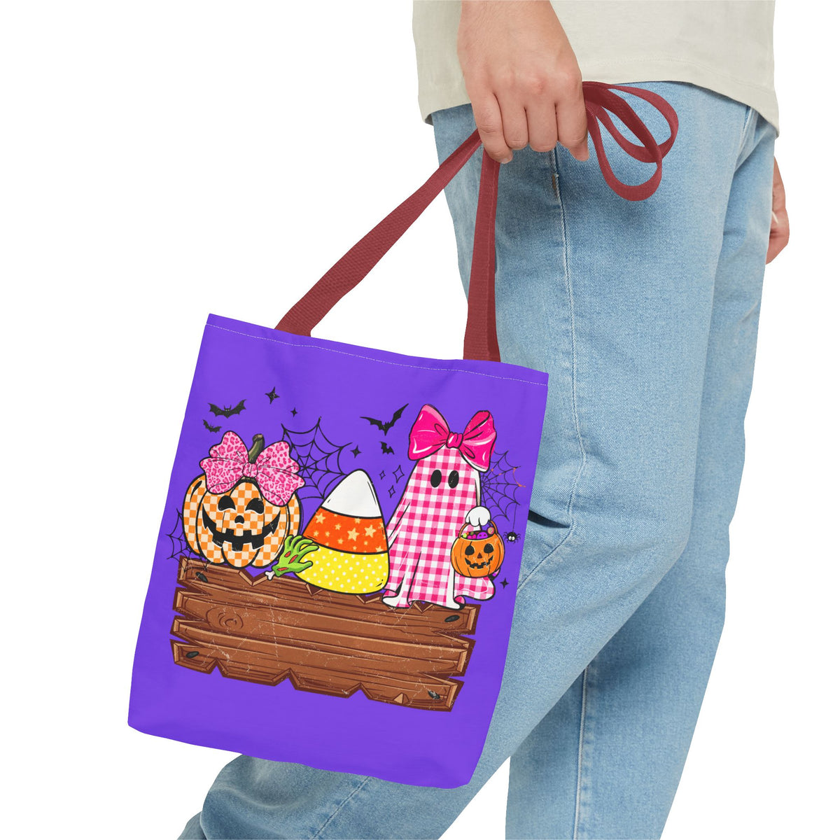 Halloween Candy Tote Bag — Cute Pumpkin, Candy Corn & Ghost Design on Purple