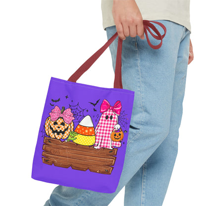 Halloween Candy Tote Bag — Cute Pumpkin, Candy Corn & Ghost Design on Purple