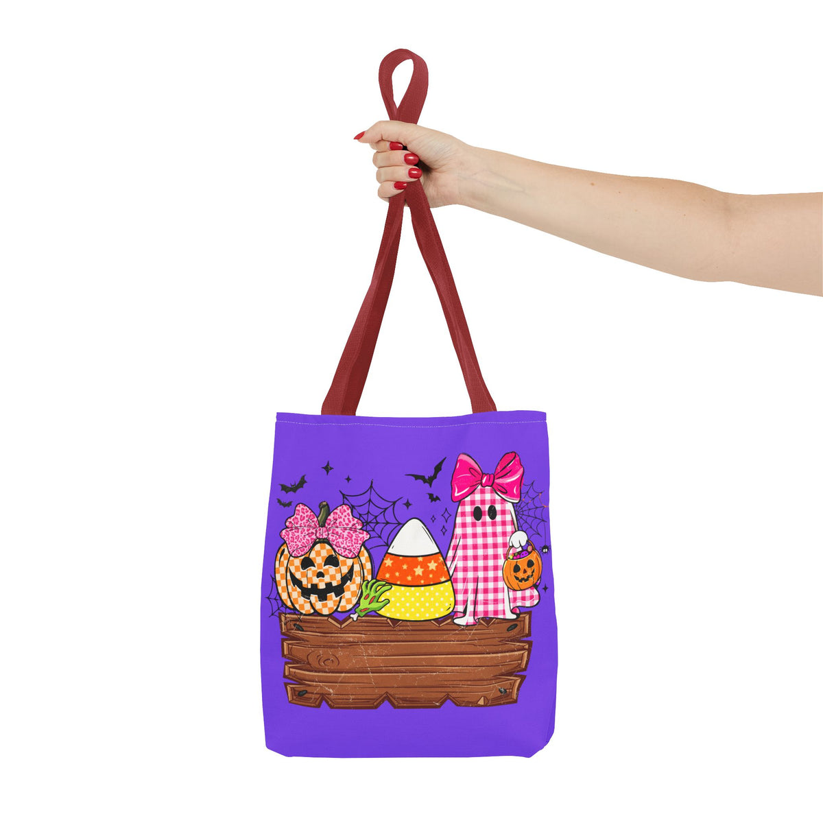 Halloween Candy Tote Bag — Cute Pumpkin, Candy Corn & Ghost Design on Purple