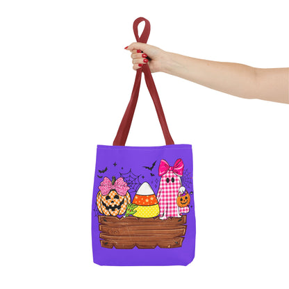Halloween Candy Tote Bag — Cute Pumpkin, Candy Corn & Ghost Design on Purple