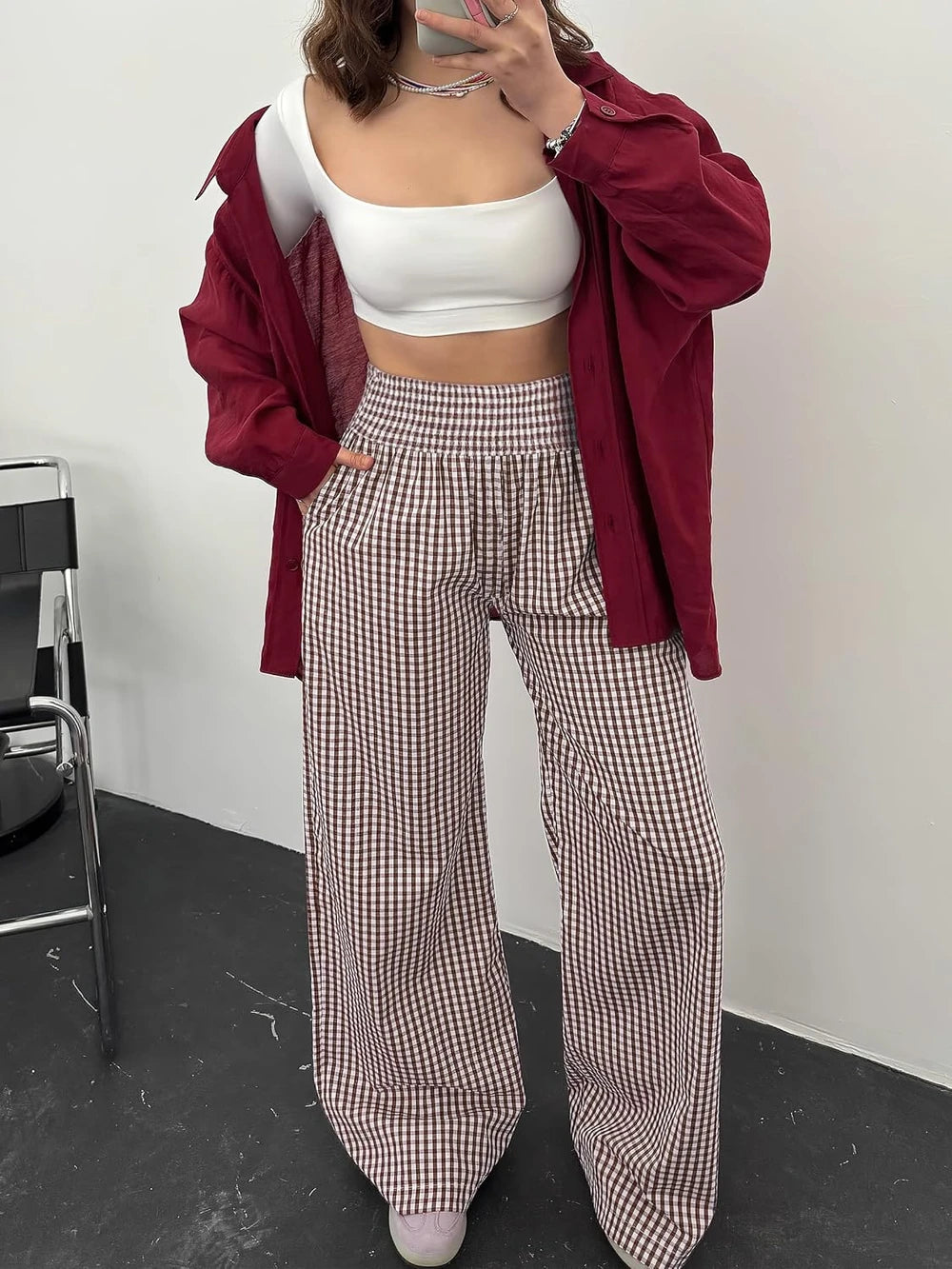Anrabess Striped Gingham Palazzo Pants