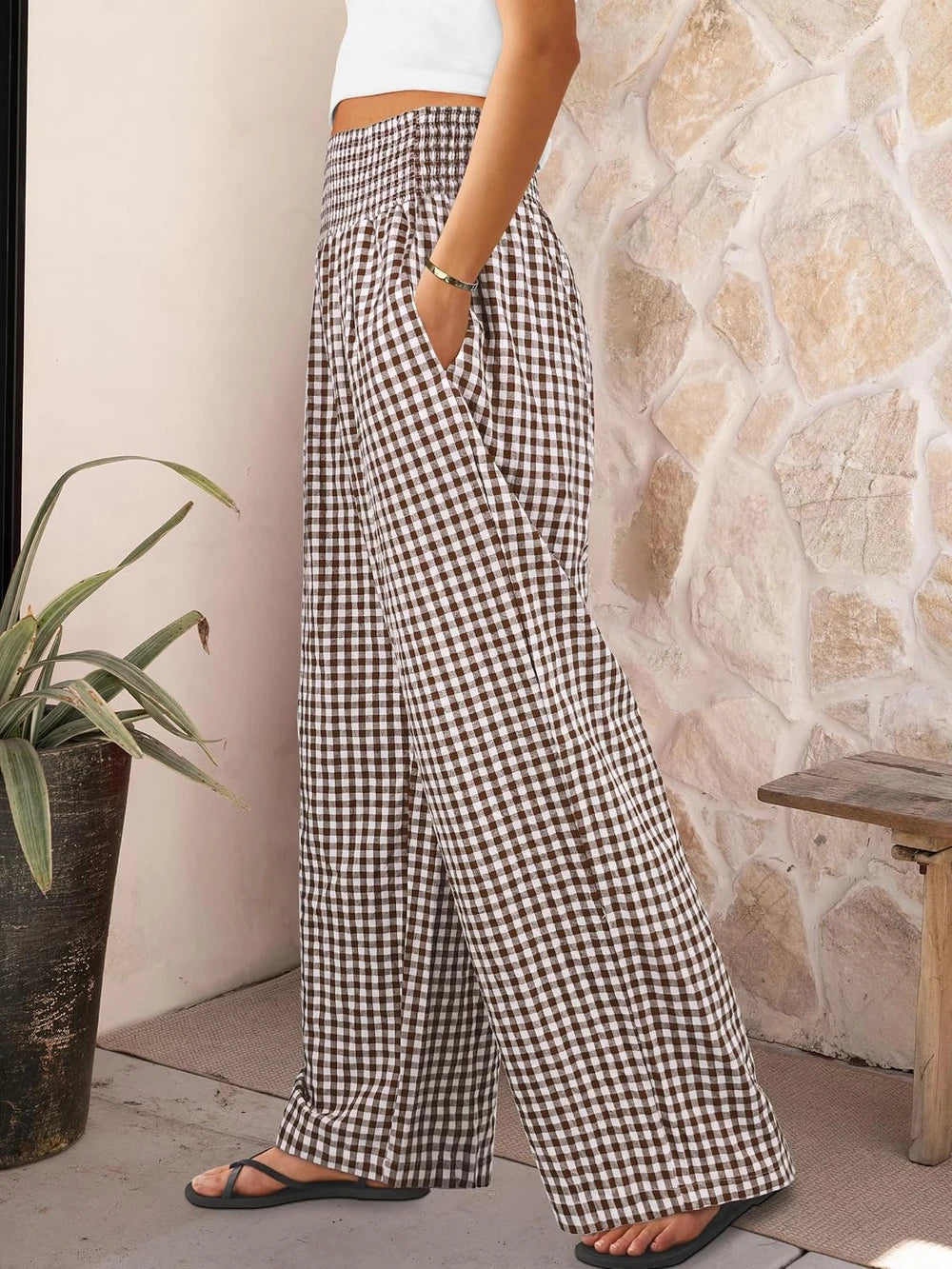 Anrabess Striped Gingham Palazzo Pants