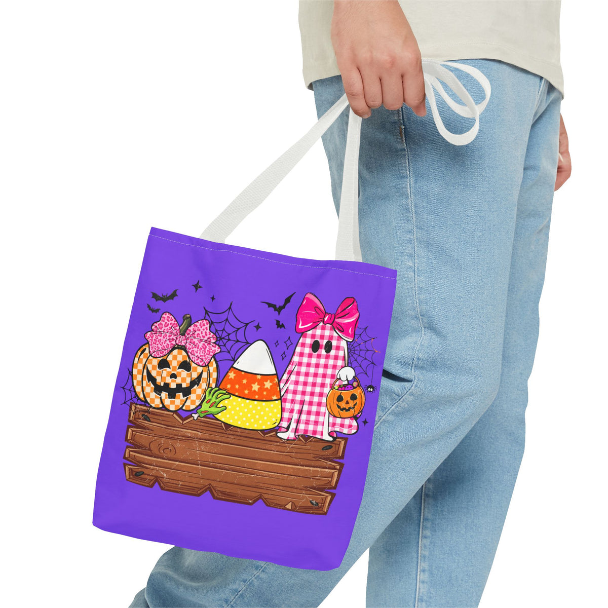 Halloween Candy Tote Bag — Cute Pumpkin, Candy Corn & Ghost Design on Purple