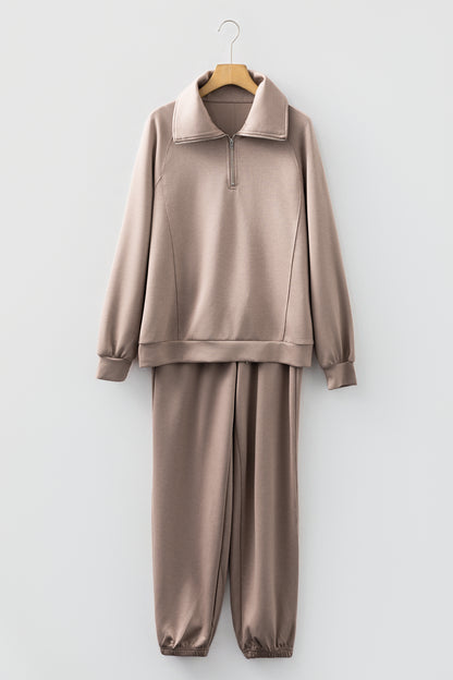 Black Zip Collar Long Sleeve Top Drawstring Pants Set