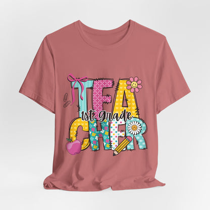 1st Grade Teacher T‑Shirt – 'Tea Cher' Cute School Staff Gift