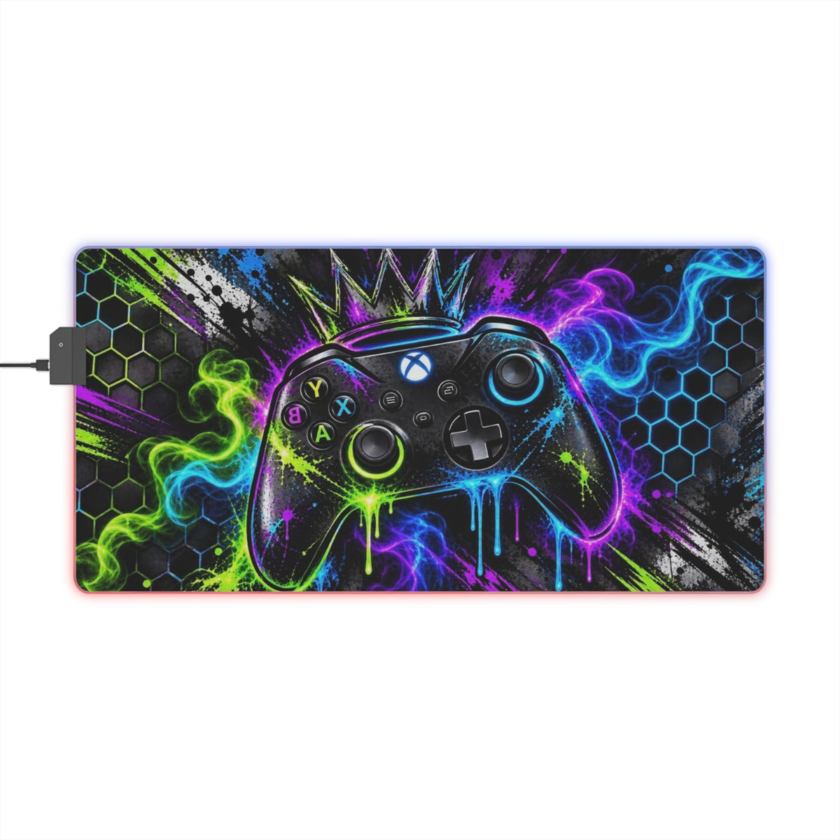 LED Gaming Mouse Pad — Neon Controller RGB Desk Mat with Crown Graphic