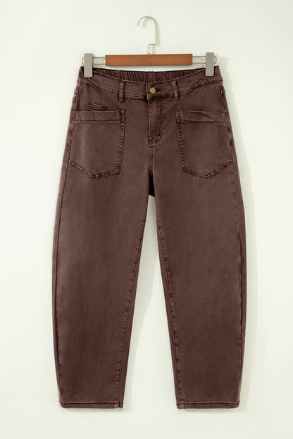 Coffee Solid Color Square Patch Pocket Ankle-length Barrel Jeans