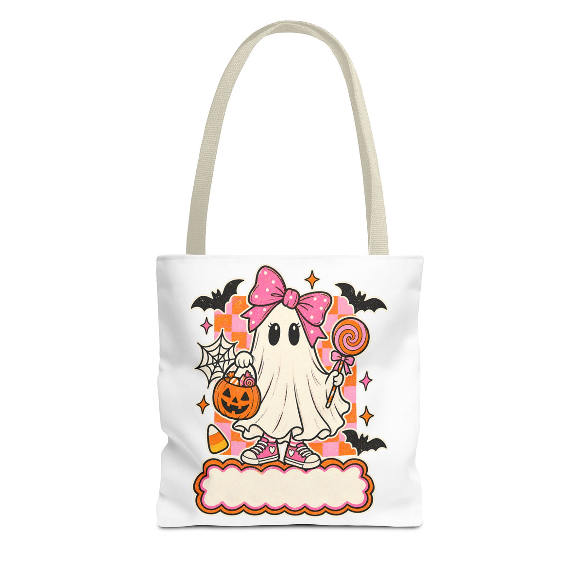 Cute Halloween Ghost Tote Bag — Pink Bow Trick-or-Treat Candy Design