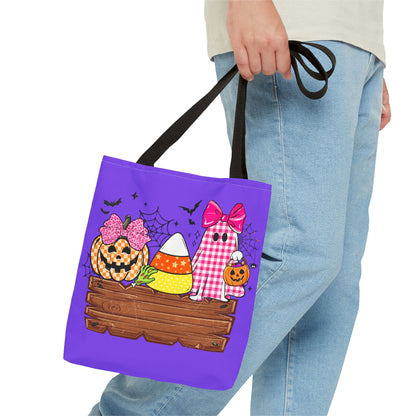 Halloween Candy Tote Bag — Cute Pumpkin, Candy Corn & Ghost Design on Purple