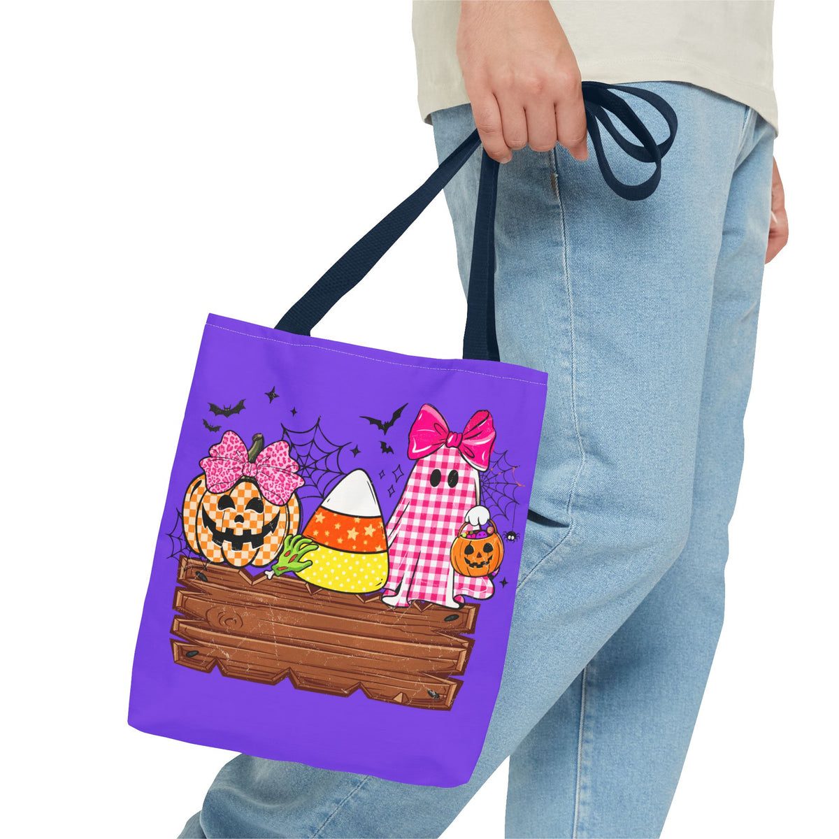 Halloween Candy Tote Bag — Cute Pumpkin, Candy Corn & Ghost Design on Purple