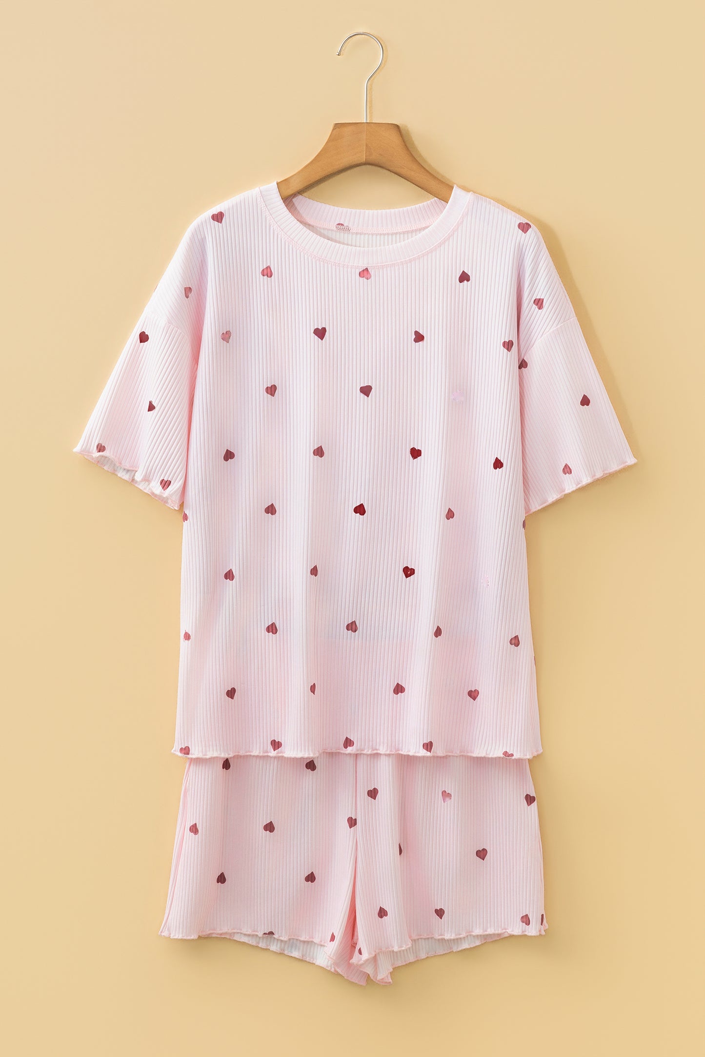 Light Pink Valentine Heart Shape Print Ribbed Knit Short Lounge Set