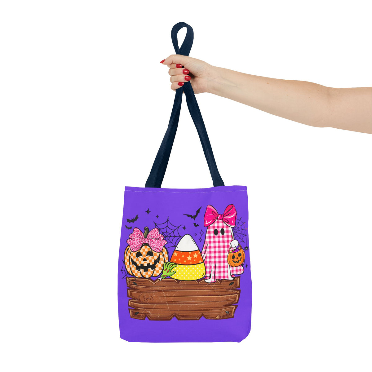 Halloween Candy Tote Bag — Cute Pumpkin, Candy Corn & Ghost Design on Purple