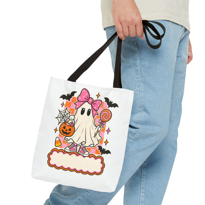 Cute Halloween Ghost Tote Bag — Pink Bow Trick-or-Treat Candy Design