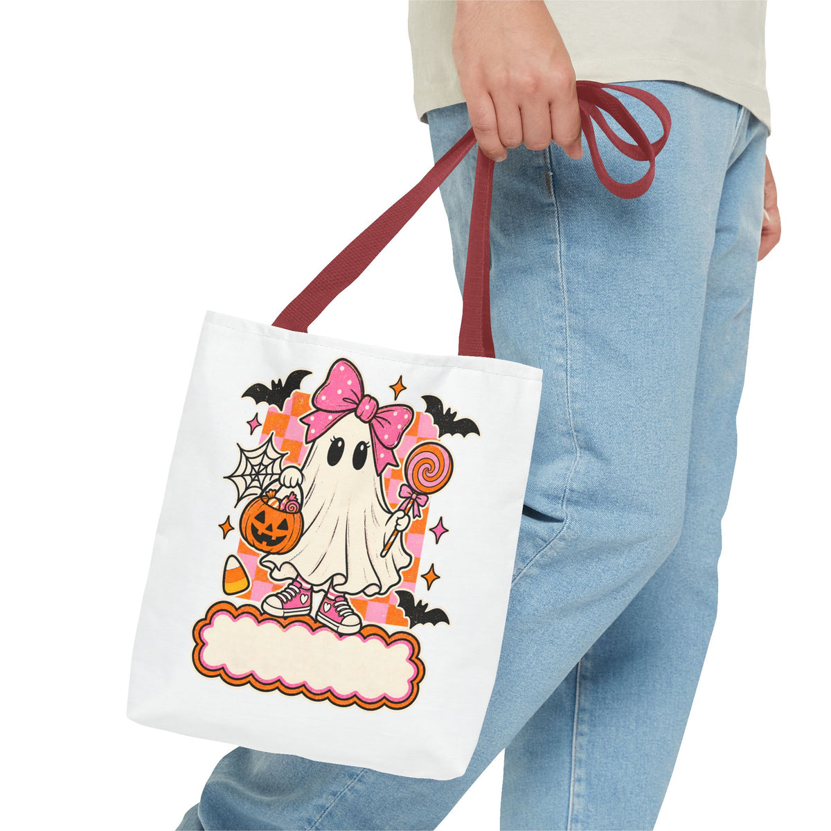 Cute Halloween Ghost Tote Bag — Pink Bow Trick-or-Treat Candy Design