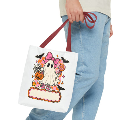 Cute Halloween Ghost Tote Bag — Pink Bow Trick-or-Treat Candy Design