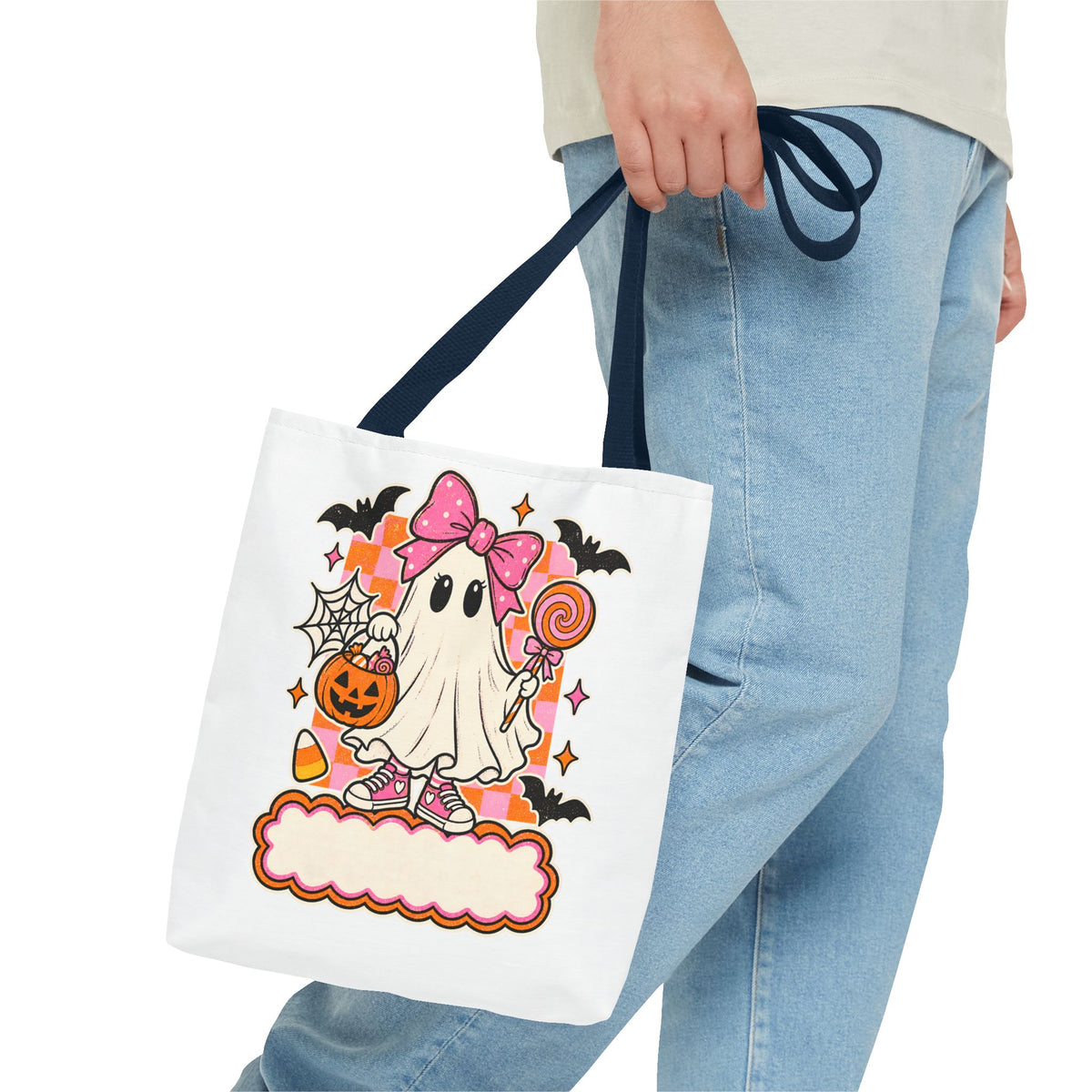 Cute Halloween Ghost Tote Bag — Pink Bow Trick-or-Treat Candy Design