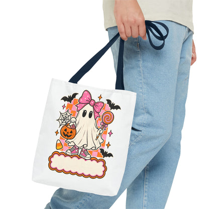 Cute Halloween Ghost Tote Bag — Pink Bow Trick-or-Treat Candy Design