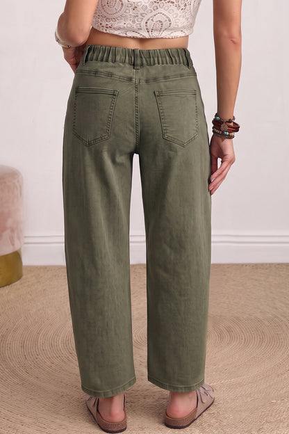 Coffee Solid Color Square Patch Pocket Ankle-length Barrel Jeans