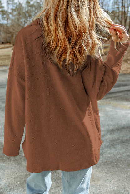 Brown Exposed Seam Terry Patchwork Shacket