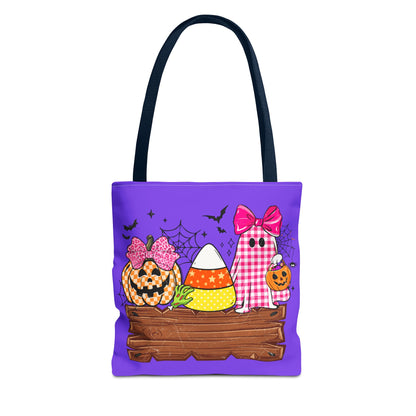 Halloween Candy Tote Bag — Cute Pumpkin, Candy Corn & Ghost Design on Purple