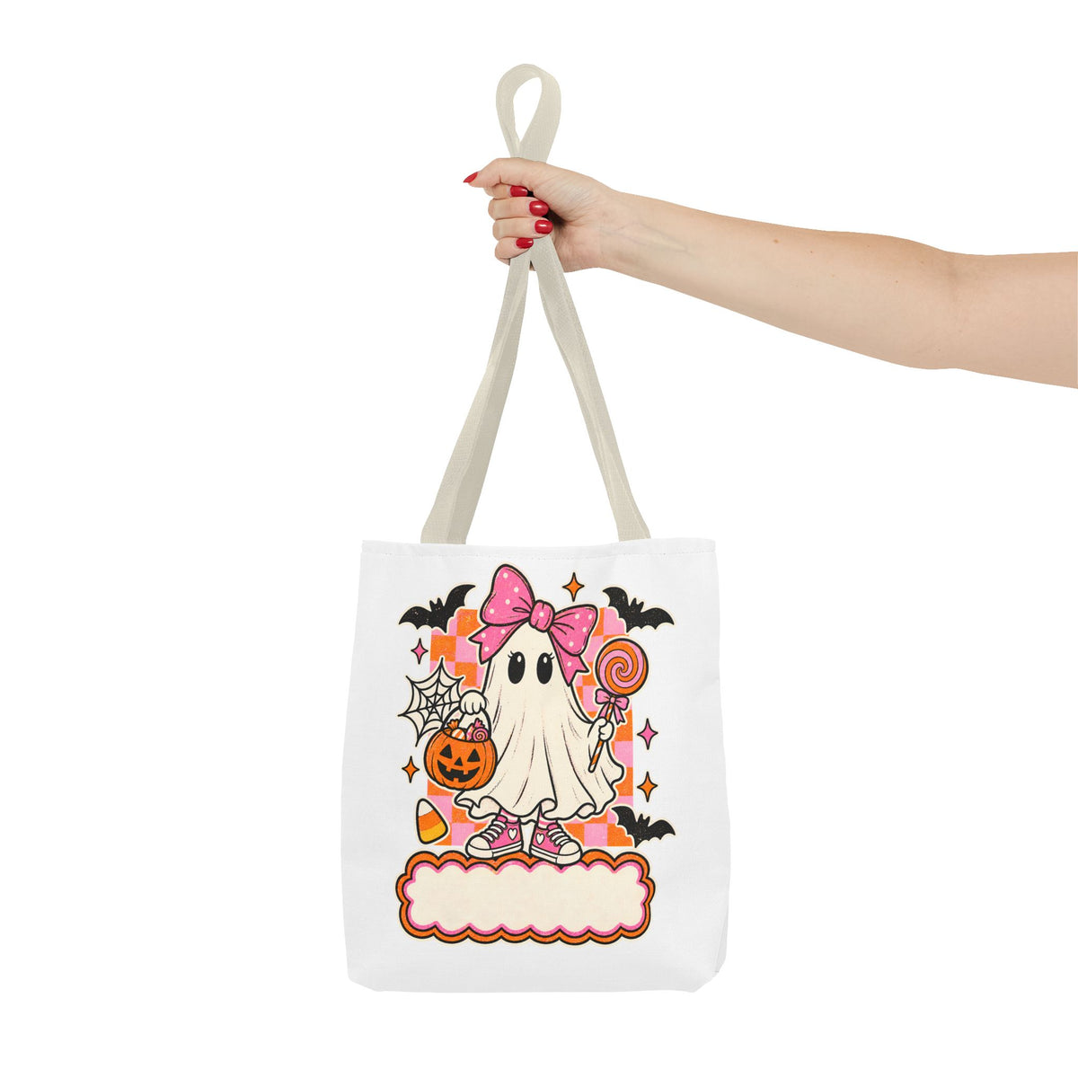 Cute Halloween Ghost Tote Bag — Pink Bow Trick-or-Treat Candy Design