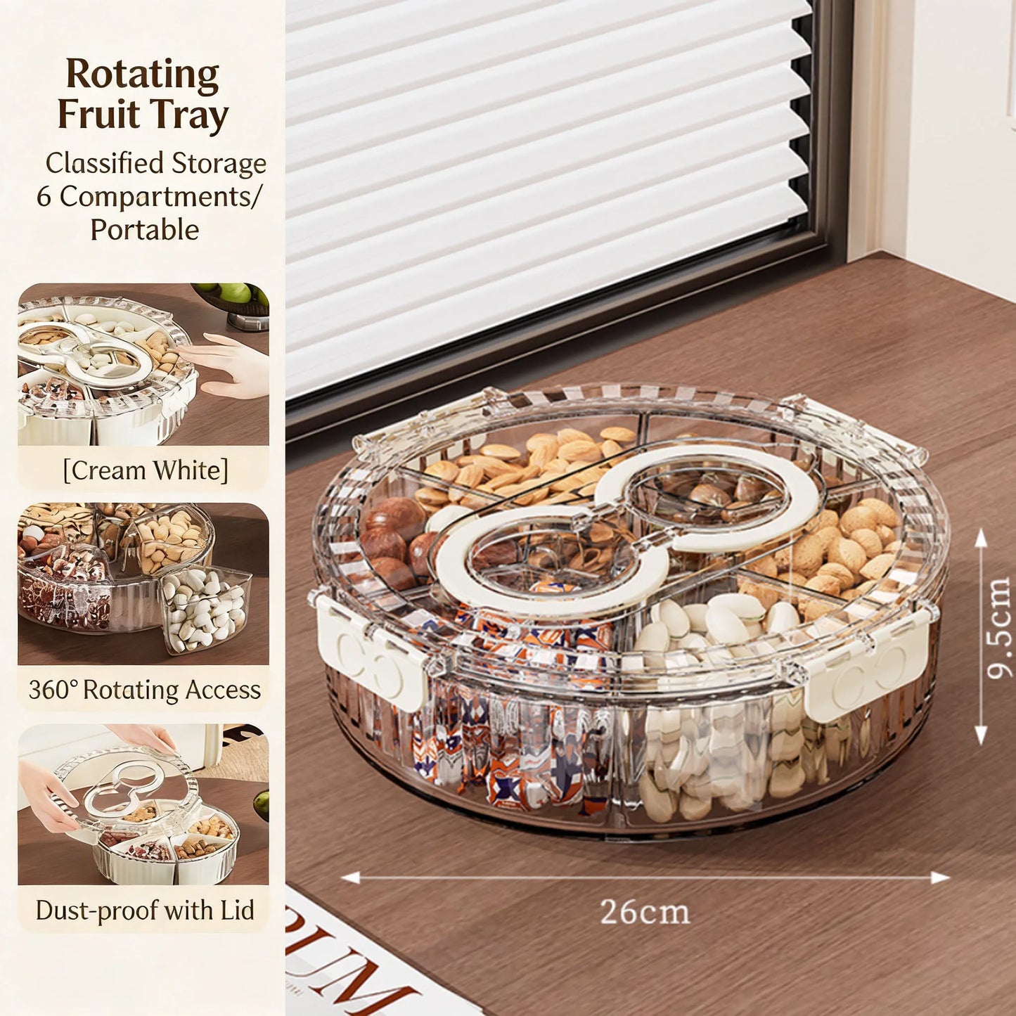 Divided Rotating Serving Tray with Lid and Handle, Portable Snackle Box for Fruits Snacks Veggie Charcuterie, Clear Snack Spinne