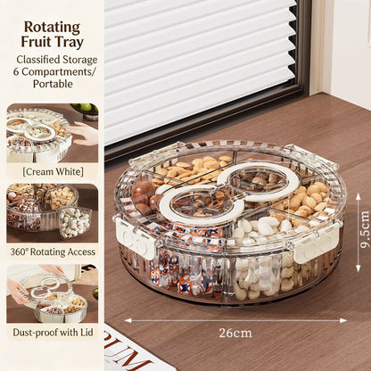 Divided Rotating Serving Tray with Lid and Handle, Portable Snackle Box for Fruits Snacks Veggie Charcuterie, Clear Snack Spinne