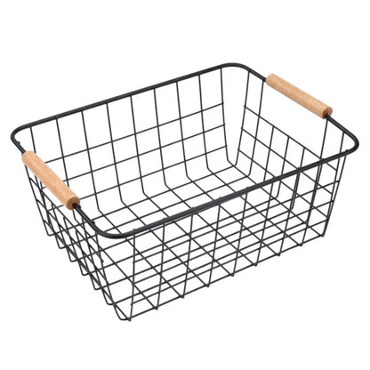 Metal Storage Basket White Black with Wood Handle Iron Wired
