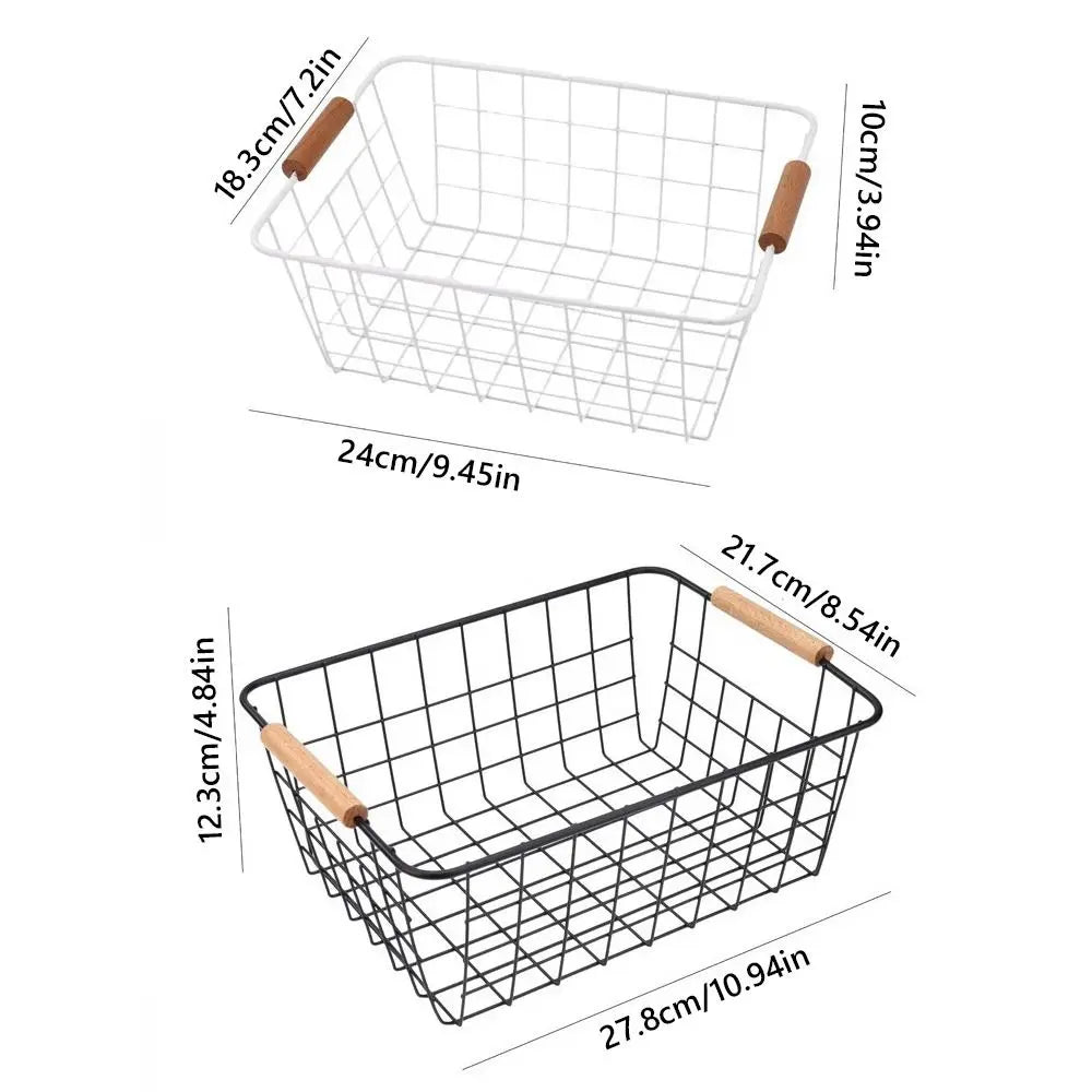 Metal Storage Basket White Black with Wood Handle Iron Wired