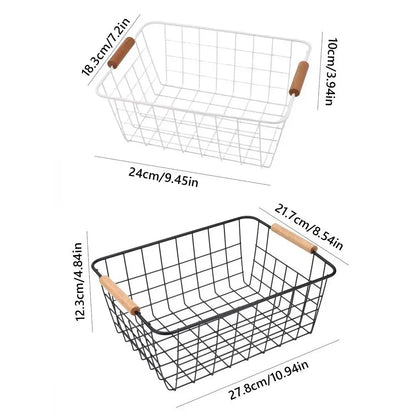 Metal Storage Basket White Black with Wood Handle Iron Wired