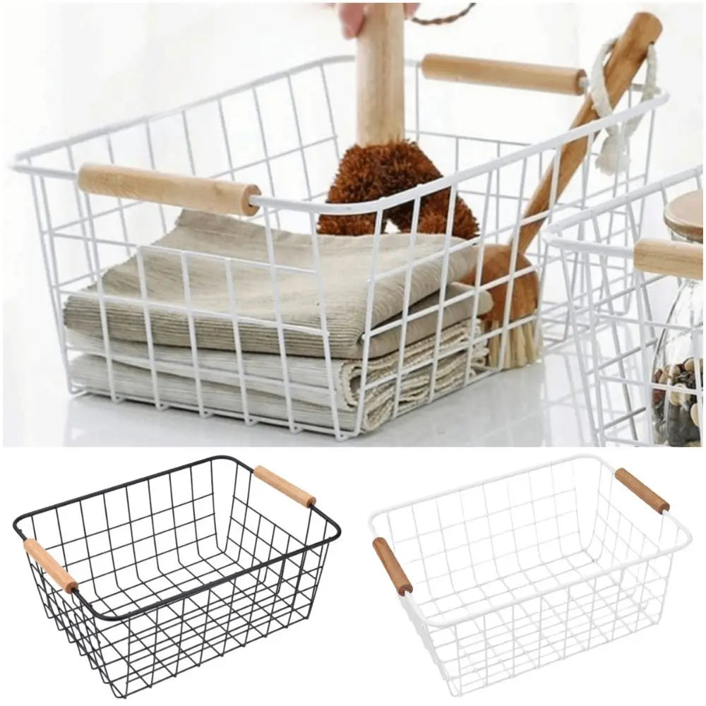 Metal Storage Basket White Black with Wood Handle Iron Wired