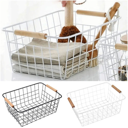 Metal Storage Basket White Black with Wood Handle Iron Wired