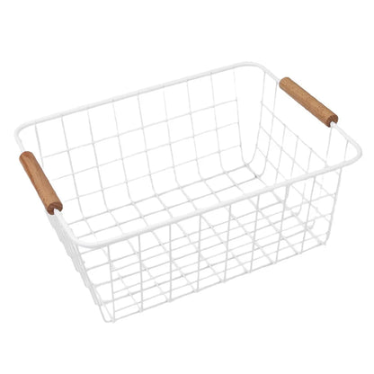Metal Storage Basket White Black with Wood Handle Iron Wired