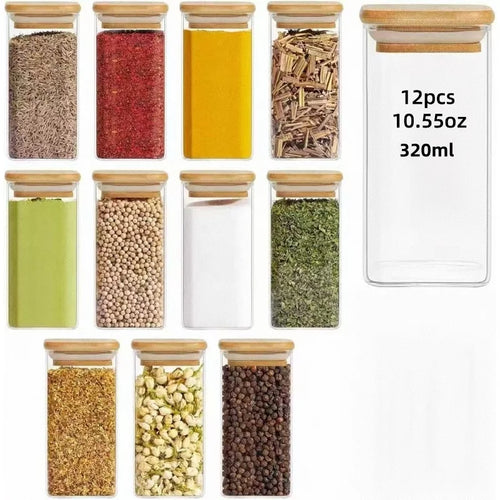 1/4/6/8/12Pcs - Square Food Storage Containers, Kitchen Spice Glass