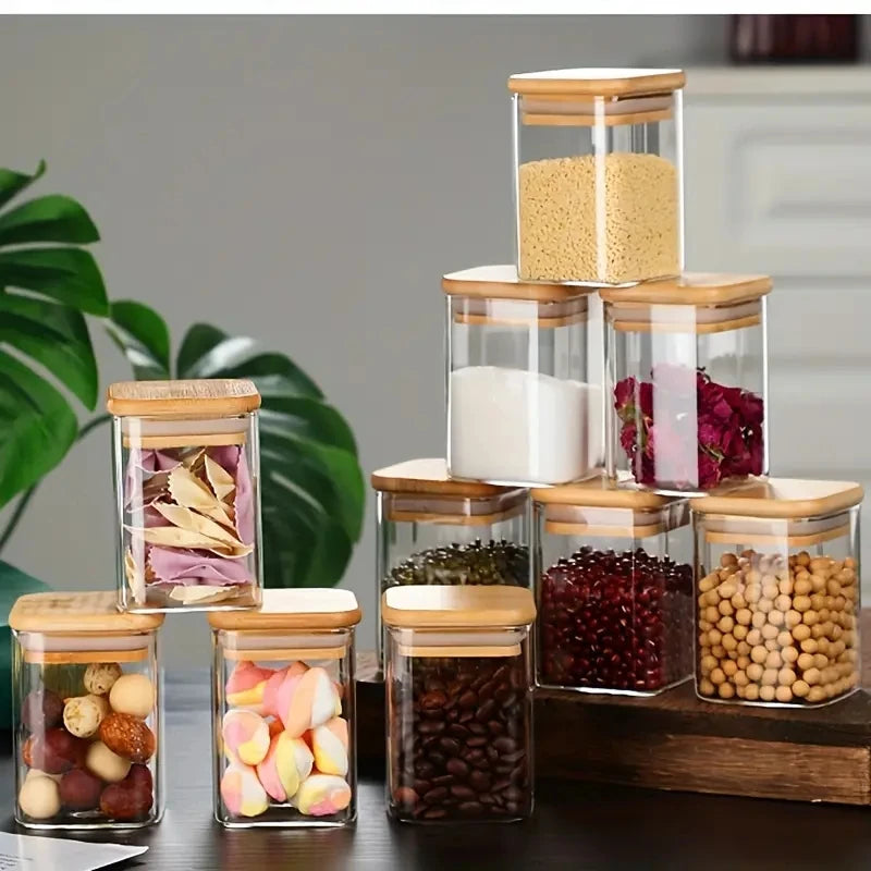 1/4/6/8/12Pcs - Square Food Storage Containers, Kitchen Spice Glass