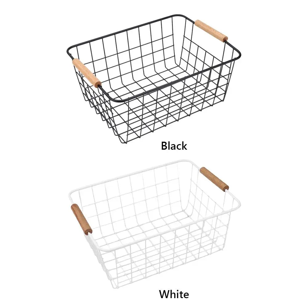 Metal Storage Basket White Black with Wood Handle Iron Wired