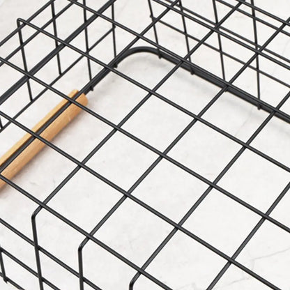 Metal Storage Basket White Black with Wood Handle Iron Wired
