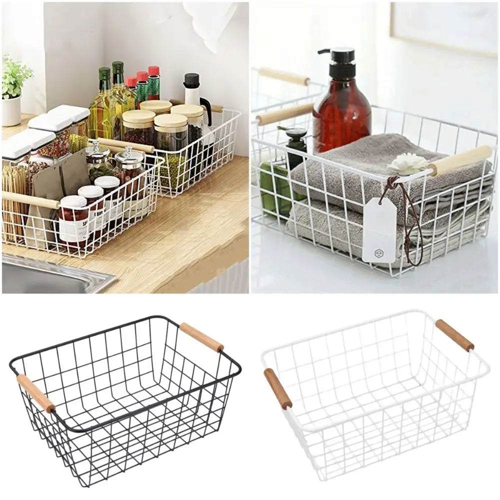 Metal Storage Basket White Black with Wood Handle Iron Wired
