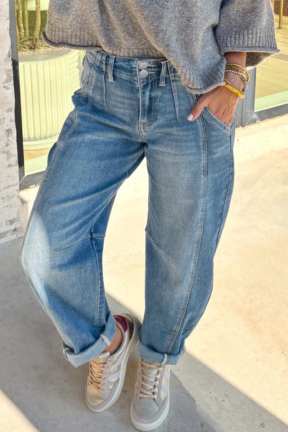 Sky Blue Medium Wash Cuffed Barrel Jeans