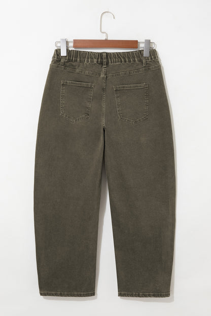 Coffee Solid Color Square Patch Pocket Ankle-length Barrel Jeans